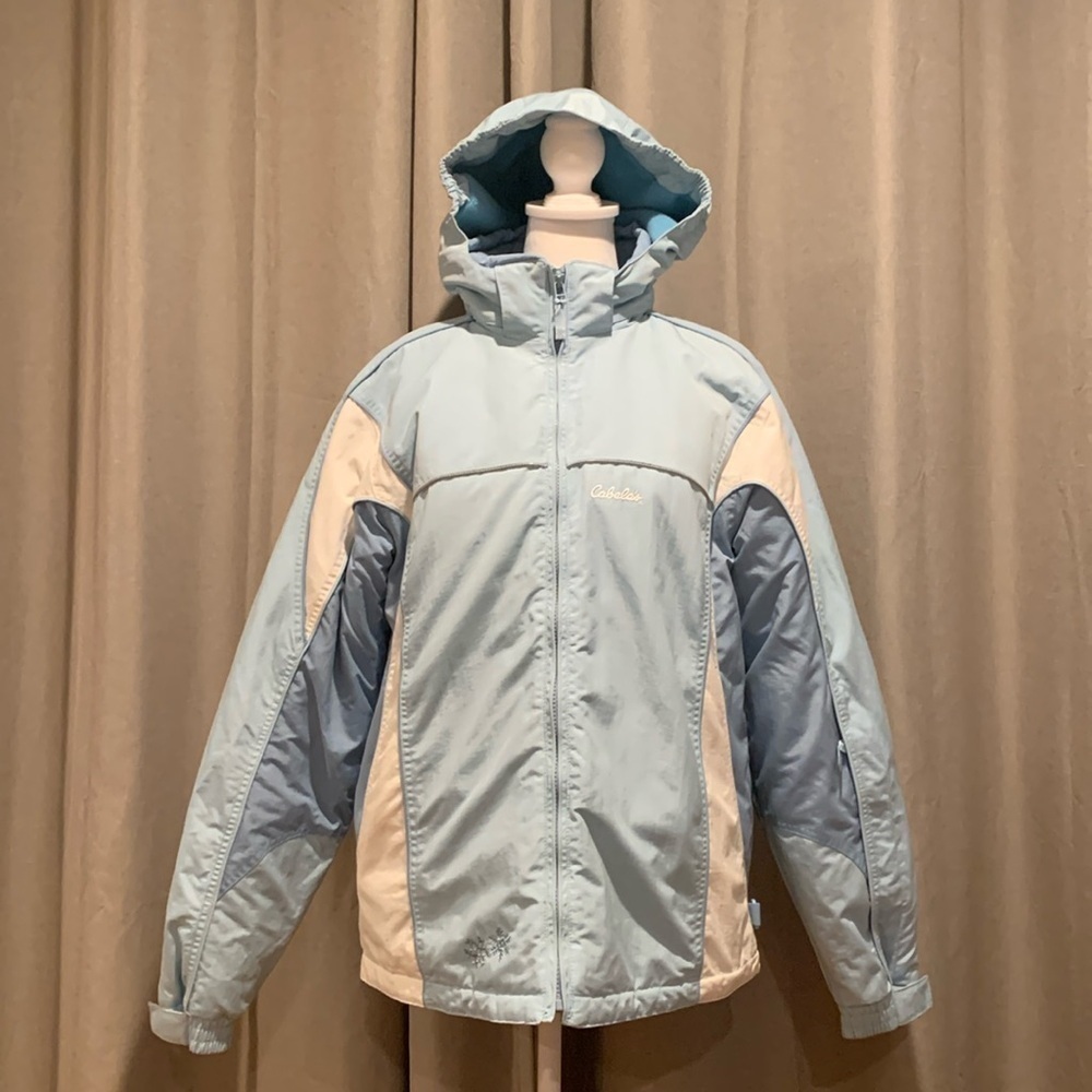 Cabela’s Puffer Blue & White Full Zipper Jacket W/Removable Hood Size XL